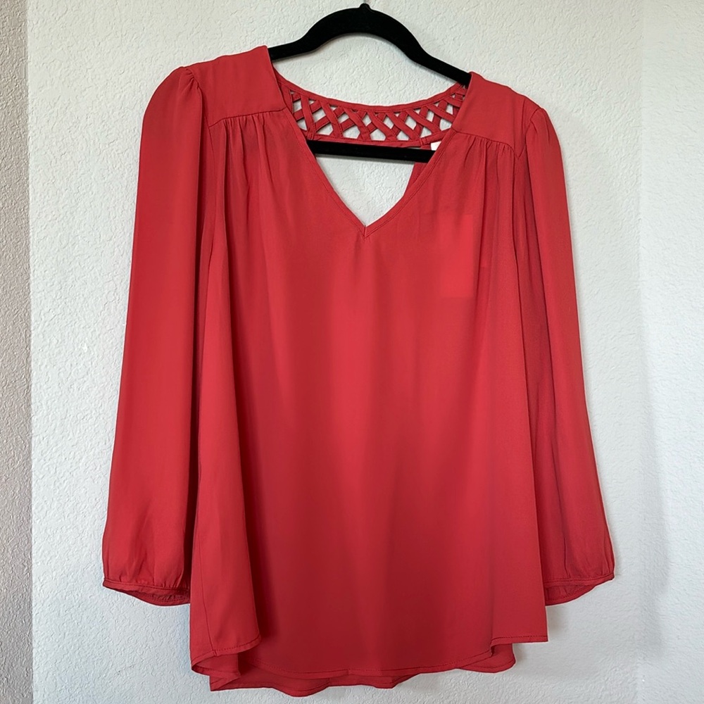 Skies are Blue Cutout Back Boho Blouse L Burnt Orange